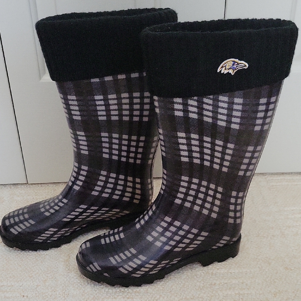 Baltimore Ravens Plaid Rain Boots with Black Knit Cuff